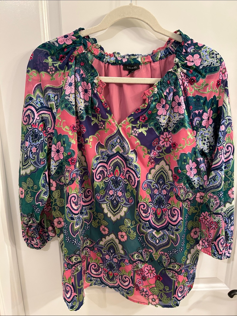 Talbots Pink, Green & Purple Paisley Floral Peasant Top